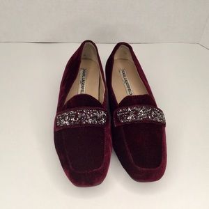 Karl Lagerfeld burgundy velvet embellished shoes.